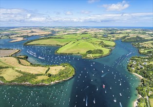 Salcombe and Mill Bay over Kingsbridge Estuary from a drone, Batson Creek, Southpool Creek, Devon,