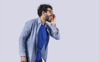 Side view of a man shouting out loud isolated. Person announcing and yelling isolated