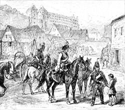 Prussian cavalry gathers, ready to march, soldiers in uniform, luggage, square, building, farewell,