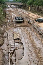 Flood on the Erft, here the federal road B265 destroyed by the water, Erftstadt, North