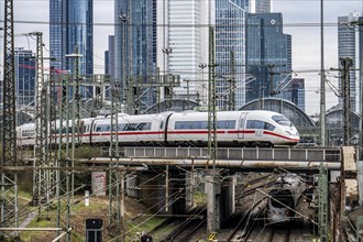 ICE train on the track in front of the main station of Frankfurt am Main, Skyline, Hesse, Germany,