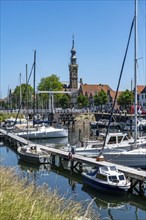 The town of Veere, province of Zeeland, marina, sailing harbour, tower of the old town hall,