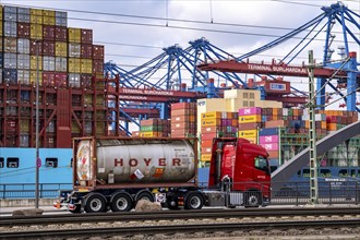 Port of Hamburg, Waltershofer Hafen, container ships, lorries bring and collect freight containers