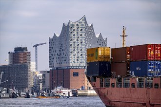 Container freighter, feeder ship on the Elbe, Elbe Philharmonic Hall, Hamburg, Germany, Europe