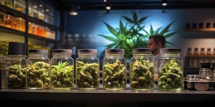 Cannabis dispensary interior with varieties of cannabis plants densely packed, AI generated