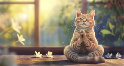 A cat is sitting on a mat and meditating. Concept of calmness, yoga and serenity, AI generated