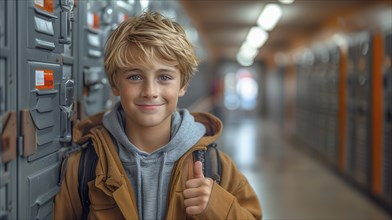 Cute caucasian school boy giving a thumbs up in the hallway of his school. generative AI, AI