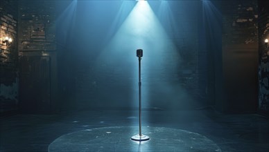 Microphone retro style, entertainment or rock concert. Concept of unique and lonely voice, AI