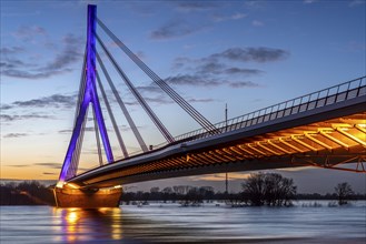 The Rhine bridge in Wesel, Lower Rhine bridge, road bridge of the federal road B58, evening