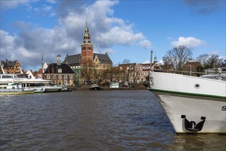 Skyline of the old town, on the Leda, town hall, museum harbour, old town houses, Leer, East