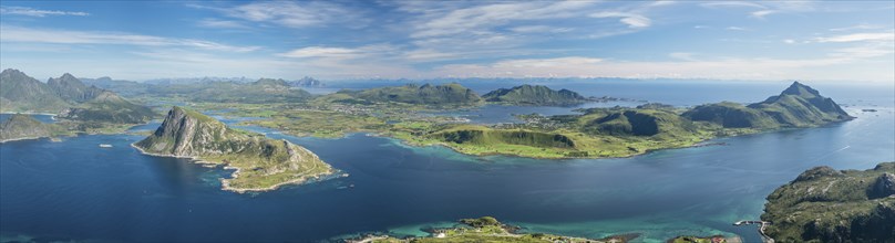 Panorama view from top of mountain Stornappstind to island Offersøya (left) and island Vestvågøy,