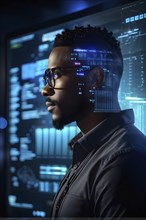 Black african american male it specialist engaged in analyzing data for cyber security, AI