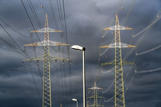 High-voltage pylons, overhead lines, with warning paint for air traffic, near Krefeld, North