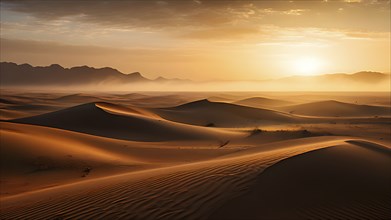 Namib desert landscape engulfed by fog in sunrise, AI generated