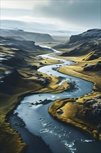 Aerial view of a meandering river winding through a nordic landscape, AI generated