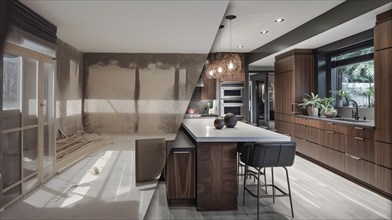 Luxurious custom kitchen upgrade interior before and after construction, generative AI, AI