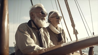 Senior caucasian couple on the deck of their yacht in the ocean, generatvie AI, AI generated