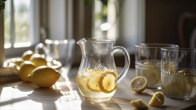 Tranquil country kitchen counter with a pitcher of fresh lemonade, generative AI, AI generated