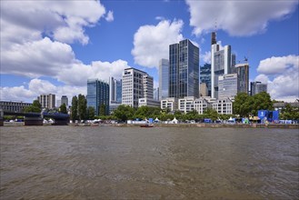 High-rise buildings and Main with fan mile for the European Football Championship under blue sky