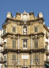 Facade representing summer season with statues of Philip II and Santa Ninfa, Quattro Canti,