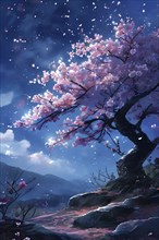 Sakura tree blossoming with pink petals and branches reaching towards a star studded night sky, AI