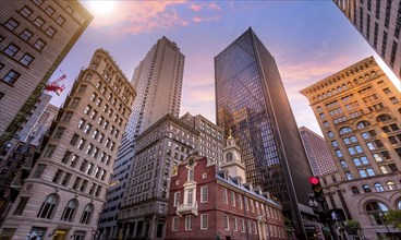 Massachusetts Old State House in Boston historic city center, located close to landmark Beacon Hill