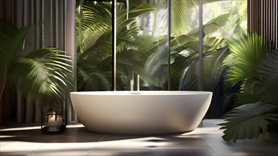 Modern bathroom with bath tube and tropical plants, AI generated