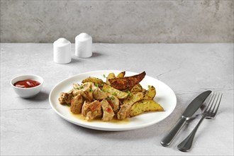 Beef goulash with baked potato wedges on a plate