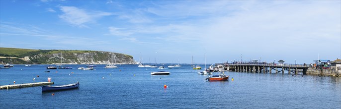 Panorama of yachts and boats on Swanage Bay, Swanage, Dorset, England, United Kingdom, Europe