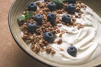 Yogurt with chocolate muesli, with berries, blueberries, breakfast, close-up, fork on top, no