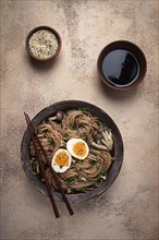 Buckwheat noodles, soba, with shimeji mushrooms, boiled egg, green onion, homemade, no people