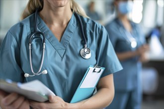 Female doctor with blue scrub and clipboard. KI generiert, generiert, AI generated