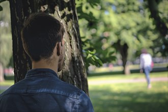 Man stalking woman while hiding behind tree in public park with blurry woman in background. KI