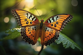 Stylized beautifully multicolored Madagascar sunset butterfly on natural leaves environment, AI