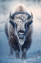 Large male bison covered with ice walking in snow, AI generated