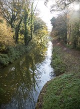 Treelined stretch of the Kennet and Avon canal, autumn leaf colours, Wilcot, near Pewsey,