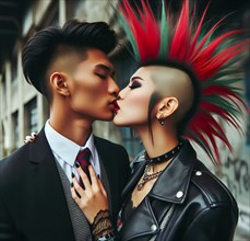 A female punk with a punk hairstyle, mohawk and leather clothes kisses a solid young man in a suit