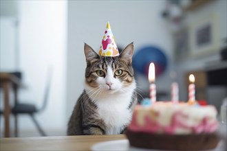 Cat with party hat sitting in front of birthday cake. AI generated