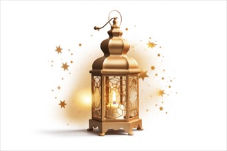 Golden Ramadan lantern on white background emits a warm glow, surrounded by sparkling stars,