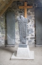 Replicas of ancient Celtic Christian crosses inside Cille Bharra chapel, Eoligarry, Barra, Outer