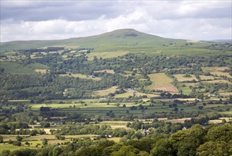 Usk valley landscape looking north to Sugar Loaf mountain, near Abergavenny, Monmouthshire, Wales,