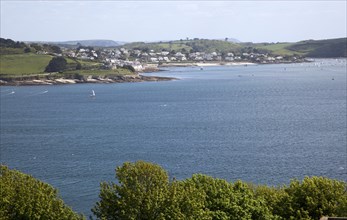 Sailing boats in River Fal estuary by St Mawes, view from Falmouth, Cornwall, England, UK