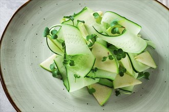 Spring, green salad, cucumber with apple, top view, close-up, no people, microselen radish, healthy