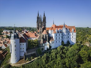 Aerial view of the castle hill Meissen with bishop's castle, Albrechtsburg and cathedral. Autumn