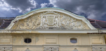 Frieze in the gable of Villa Baltic, built between 1910 and 1912 in neo-baroque style, Ostseeallee