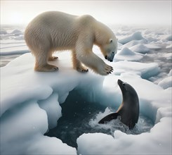 A polar bear at an ice hole hunting for a seal in the Arctic, AI generated, AI generated