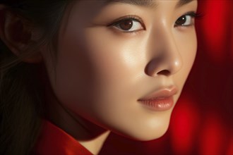 Portrait of young Asian woman on red background. KI generiert, generiert AI generated