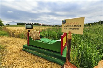 Colourful outdoor wooden bed on straw, vintage TV with antenna, original hiking trail in the poppy