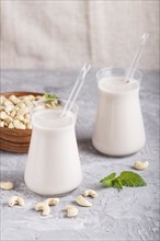 Organic non dairy cashew milk in glass and wooden plate with cashew nuts on a gray concrete