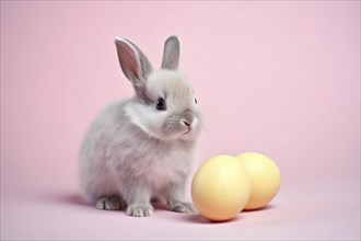 Cute small gray bunny with yellow Easter eggs on pink background. KI generiert, generiert AI